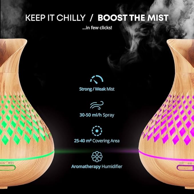 Smart WiFi Essential Oil Diffuser, 500ml Aromatherapy Diffuser Humidifier for Large Room, Works with App & Alexa Google Home Voice Control, 7 LED, Create Schedules and 4 Timer, Auto Off, Light Wood