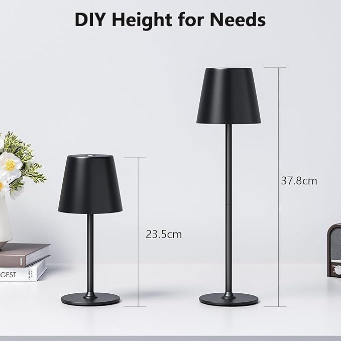 2-Pack Cordless LED Table Lamps, Touch Dimmable Bedside Night Lights, Rechargeable USB, Full Metal Body, Dual Battery, IP54 Waterproof – Black