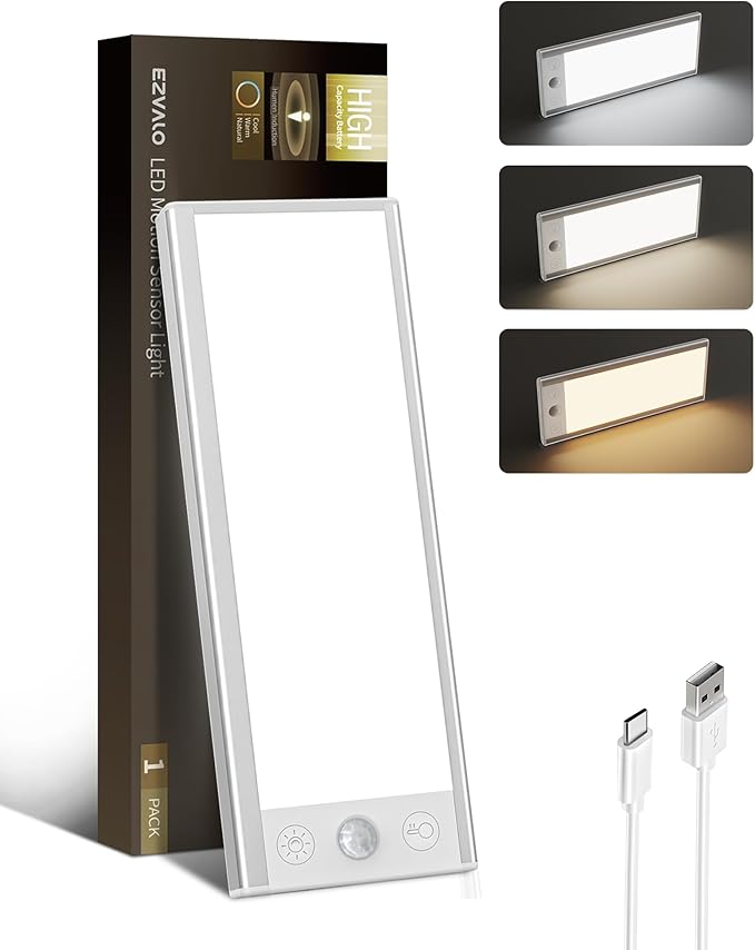EZVALO 3000mAh Under Cabinet Lighting, 150LM Utral Bright Motion Sensor Light, Rechargeable Magnetic Under Counter Lights for Kitchen, Dimmable Closet Light with 3-Inch Ultra-Wide Panel
