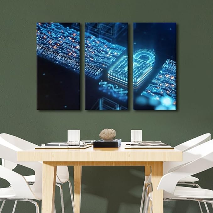 TUMOVO 3 Panel Wall Paintings for Living Room, Lock Icon and Internet Network Security Technology Picture Prints on Canvas for Home Office Wall Decorations Framed Ready to Hang, 36" Wx24 H