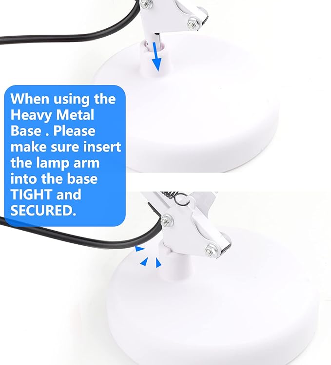 AmeriTop Metal Desk Lamp, Adjustable Swing Arm Table Lamp with Interchangeable Base Or Clamp; Eye-Caring Desk/Clip Reading Lamps for Bedroom, Study, Office (White)