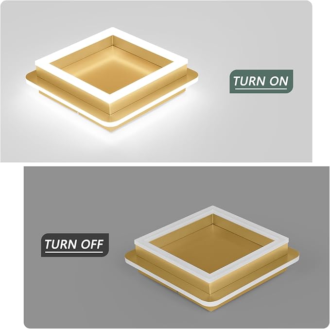 CANEOE 2 Packs Square Modern LED Light Fixture, 24W Black Flush Mount Hallway Light, Small Close to Ceiling Lamp for Living Room, Bedroom, Kitchen, Balcony, Cloakroom (All Gold, 2 Packs)
