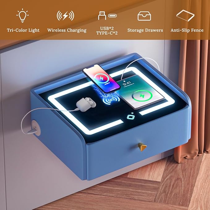 HOMEMORE Floating Nightstand with Charging Station Bedside Table LED Smart Bedside Table Wall Mounted Nightstand Blue