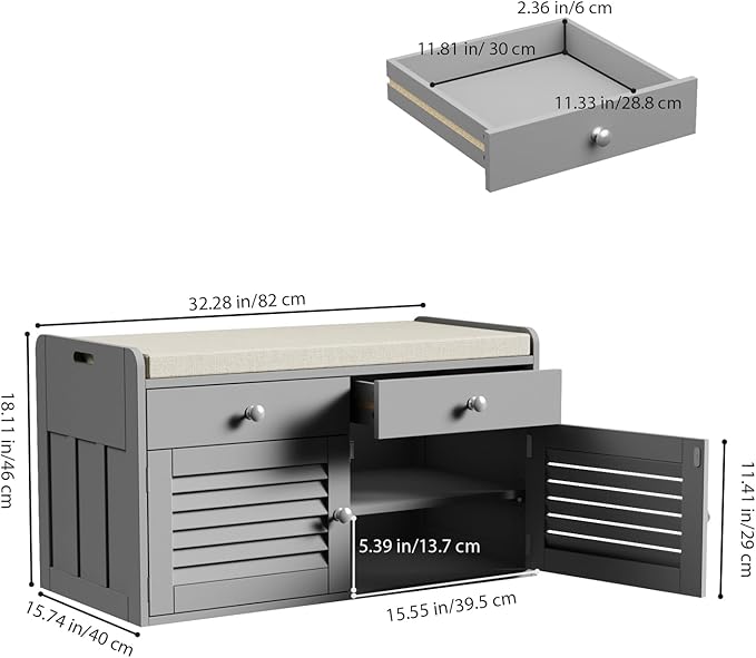 Shoe Storage Bench with Cushion, Shoe Bench, Padded Seat, 2 Drawer Storage, Entryway, Hold up to 300lbs, 15.8 x 32.29 x 18.1 Inches, Grey