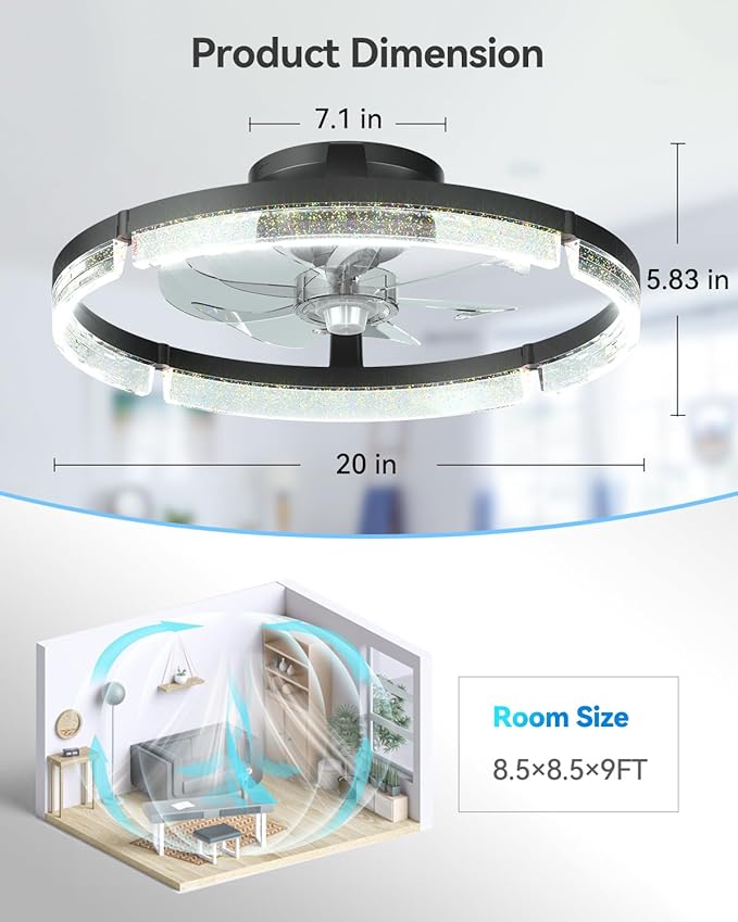 addlon Ceiling Fans with Lights and Remote, 20'' Low Profile Ceiling Fans, 3000-6000K Dimmable Modern Flush Mount LED Fan Light, Fandelier Ceiling Fan for Bedroom, Kitchen, Living Room, Black