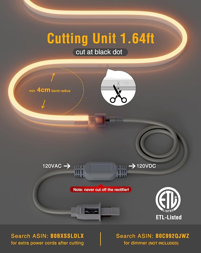 Shine Decor LED Neon Rope Lights 120VAC, 120LEDs/M Lum Strip Lighting End Extendable 2500K Warm White 65ft, Water & Cold Resistant for Outdoor Indoor, 4520LM Bright 8x16mm ETL Listed