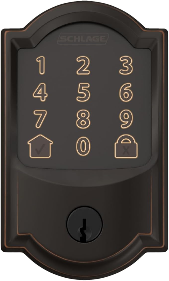 Schlage Encode Smart Wi-Fi Deadbolt Lock with Touchscreen Keypad, Keyless Front Door Entry, App Control, Alexa, Google Home and Airbnb Compatible, Aged Bronze, BE489WB CAM 716