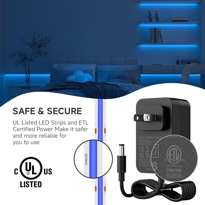BTF-LIGHTING COB LED Strip Light 12V 16.4FT UL Listed, Blue Color Dimmable High Density Flexible Tape Light with RF Remote & ETL Power Adapter, Ultra Bright for Bedroom Kitchen Home Indoor Lighting