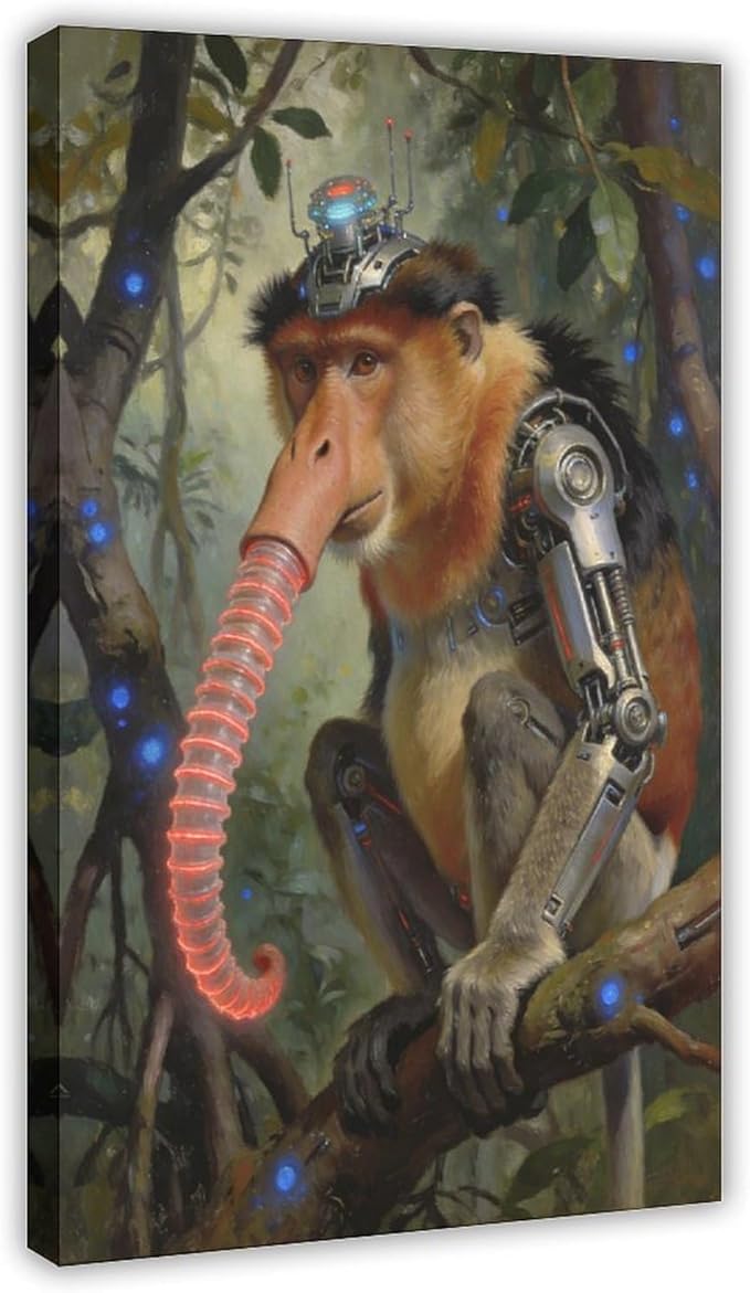 Framed Steampunk Mechanical Proboscis Monkey Wall Art - Jungle Neon Retro Poster for Apartment Leisure Area Decor 12x18inch(30x45cm)