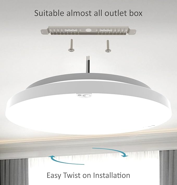 Motion Sensor Ceiling Light Hardwired, 9 Inch 18W Flush Mount Closet Light, 1800 Lm, 5 CCT 2700/3000/3500/4000/5000K, 4 Brightness Settable, Rimless 10% Standby Bi-Level with Delay Off, ETL Listed