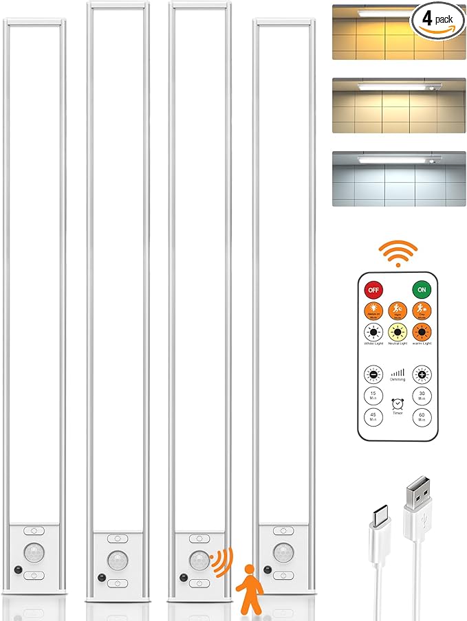 Under Cabinet Lighting Wireless, 16 inch LED Motion Sensor Light Indoor, Rechargeable Closet Lights with Remote, 3 Color Temps, Dimmable, Magnetic Under Counter Lights for Kitchen, Stairs, 4 Pack
