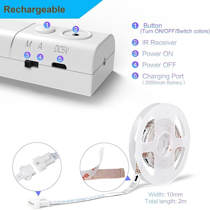 WOBANE 2PCS Rechargeable LED Strip Lights,Dimmable RGB Rope Lighting with Remote,Battery Operated Color Changing Light for Party,Shelf,Sofa,Desk,Game,Holiday,Indoor Decoration,2000mAH