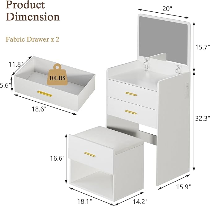 3 in 1 Vanity Desk with Flip-up Mirror, Compact Vanity with 2 Fabric Drawers & Storage Cushioned Chair, Charging Station, Girls Small Vanity Nightstand for Bedroom, White