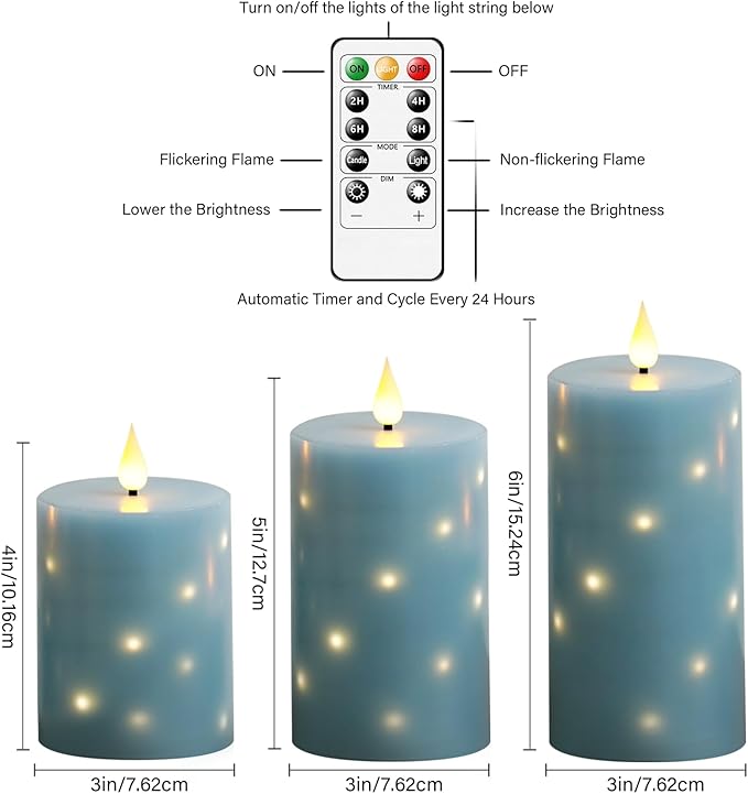 Flameless Candles with Embedded Star String, Real Wax Battery Operated Candles with Remote Timer, Flickering Pillar LED Candle Set for Home Decor Romantic Ambiance （Grey）