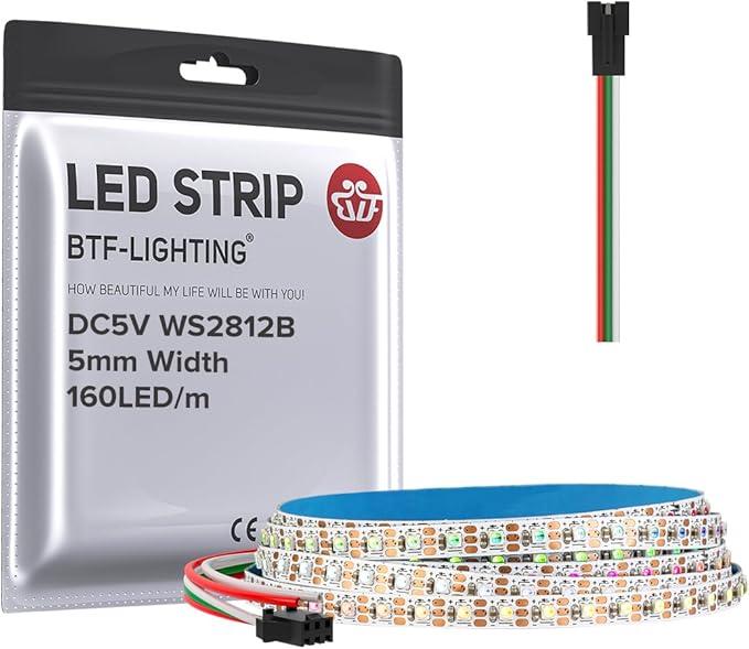BTF-LIGHTING WS2812B IC RGB 5mm Ultra Narrow LED Strip 2020SMD DC5V Individually Addressable 3.2FT 160Pixels/m 160LED Dream Color Tape Light for Home DIY Decoration IP30 (No Adapter or Controller)