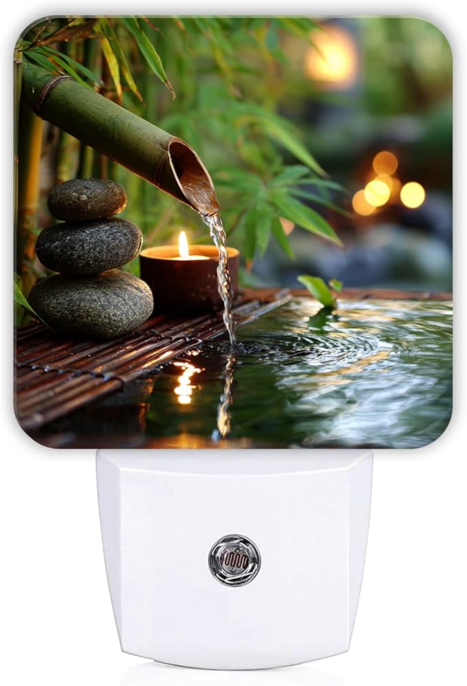 Bamboo Night Lights Plug Into Wall, Zen Natural Stones Water None Green Smart Outlet Plug in Led Night Light Lamp for Living Room Family Room Bedroom Decor 1pcs