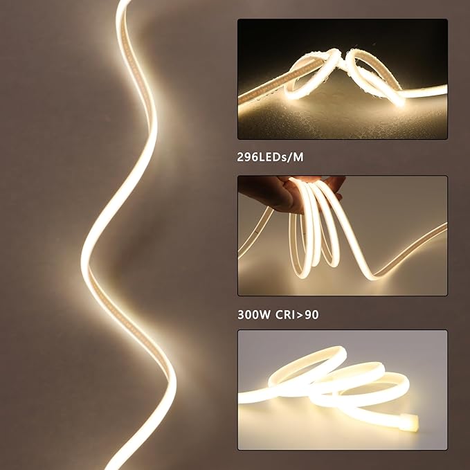 AC 110V COB LED Strip Lights 98.4ft, 4000K Natural White LED Rope Light Outdoor Waterproof, 10W/M CRI 90+ Flexible Cuttable, for Bedroom, Living Room, Garden, Commercial, House