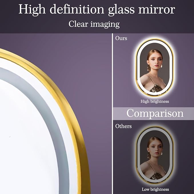 20 x 32 Inch Gold Oval LED Vanity Mirror with Lights Smart Memory 3 Color Dimmable Anti-Fog 32 Inch Gold Frame Oval Lighted Mirror for Bathroom Wall LED Ovals Mirror with Lights Golden Frame
