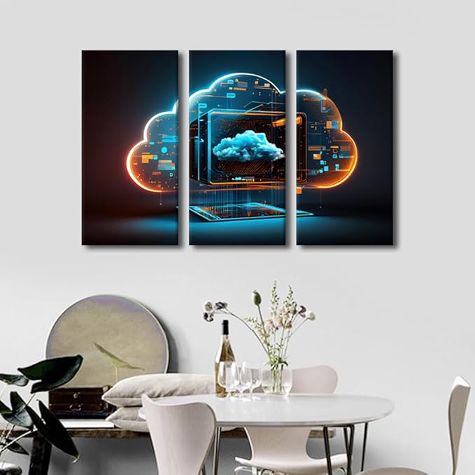 3 Panels Framed Wall Art Digital Informational Technology Wall Art Web Futuristic Hologram With Cloud Picture Prints on Canvas Artwork for Office Home Decorations Ready to Hang, 36" Wx24 H