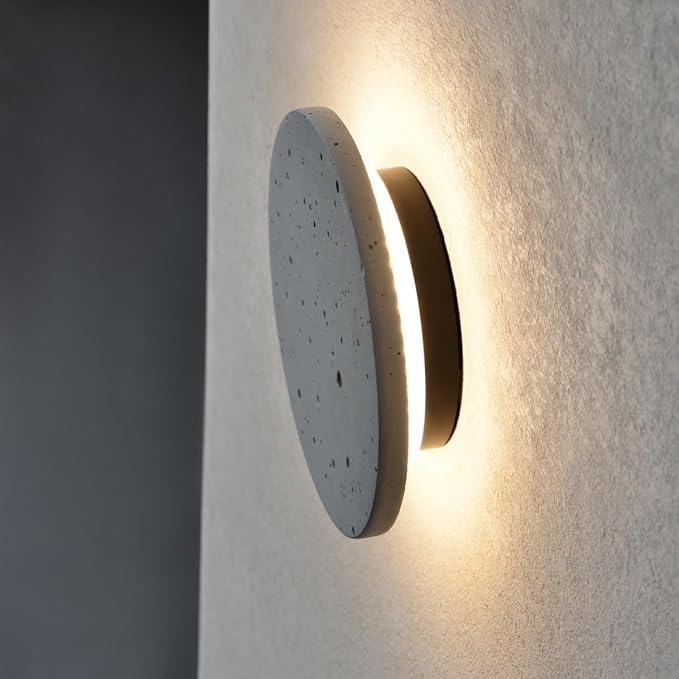 DUHU Led Wall Sconce Round,Grey Cement Wall Lamp Hardwired,Minimalist Wall Mount Light with Sleek Finish Design,Modern Indoor Sconces Lighting for Bedroom,Living Room,Hallway,12w 3000k,Warm White
