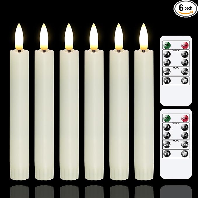 Battery Operated Flameless Taper Candles with Two Remote Timer, 6.4" LED 3D-Wick Window Candles, Flickering Long-Lasting Warm Light Electric Pack of 6 Flameless Candlesticks (0.78" Dia,Ivory)