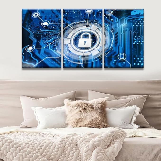 3 Panel Modern Wall Art Contemporary Posters and Prints, Cybersecurity and Secure Nerwork Artwork Modern Home Wall Decorations, Wooden Framed Gallery-Wrapped Ready to Hang, 16x24inchx3