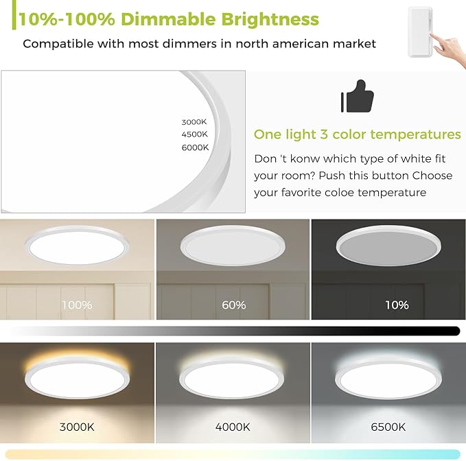 hepside 20Inch Big Dimmable Flush Mount LED Ceiling Light Fixture, 3000K-4500K-6000K 3 Color Selectable Ceiling Lamp 45Watt 4500LM Low Profile Ceiling Light for Kitchen Bedroom Hallway Porch