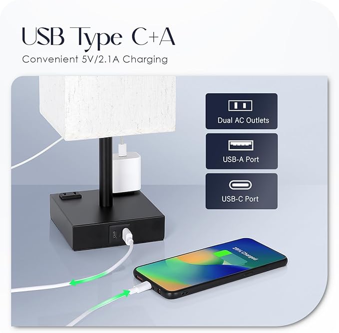 Soilsiu Bedside Table Lamps Set of 2 - Touch Nightstand Lamp for Bedroom with USB C+A Charging Ports & AC Outlets, 3-Way Dimmable Desk Lamp Flaxen Fabric Shade for Living Room Office(Bulb Included)
