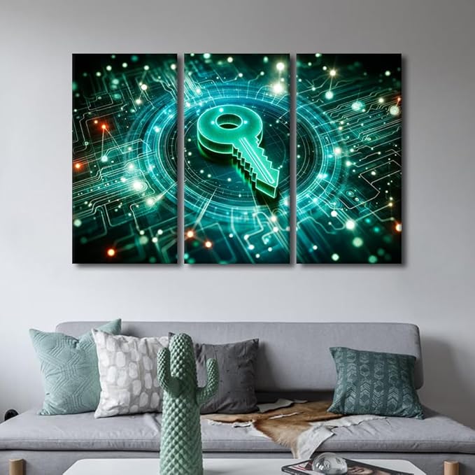 Large Canvas Wall Art Digital Security and Data Protection Concept Picture Posters for Bedroom Office Wall Decoration, Stretched Framed Gallery-Wrapped Ready to Hang, 60" Wx40 H