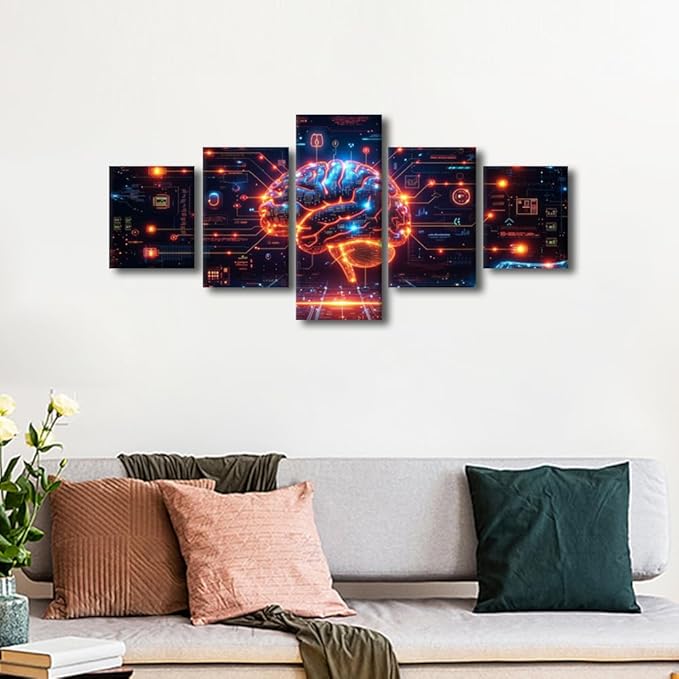 5 Panel Bedroom Wall Decor House Decorations Living Room Wall Decor Neural Network Canvas Wall Art Futuristic Technology Posters for Room AI Artwork Home Decor Wooden Framed Ready to Hang 50"Wx24"H