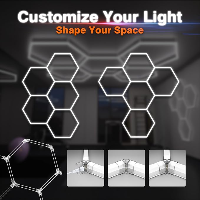 Hexagon Garage Lights, 5-HEX 240W 5000K Daylight Garage LED Lights, Modular Honeycomb Shop Light for Detailing, Workshop, Home Gym, Warehouse, DIY Workspace
