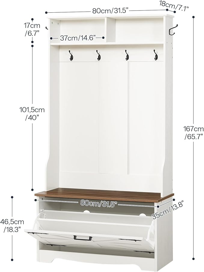 HOOBRO Hall Tree with Bench, Entryway Bench with Coat Rack and Shoe Cabinet, Flip Drawers, Farmhouse Hall Tree with Shoe Organizer, Mud Room, White and Walnut WH85MT01