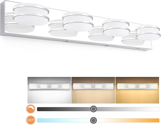 3 Color Temperature Dimmable Vanity Lights for Bathroom, LED Chrome 4 Light Vanity Lighting Fixtures, Acrylic Stainless Steel Oval Shade Bathroom Light Fixtures Over Mirror, ETL Certificated