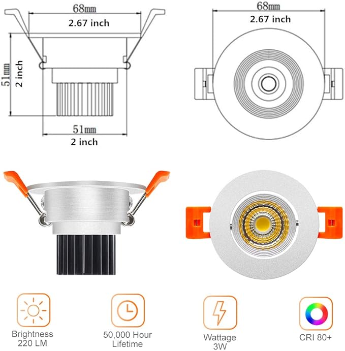 LightingWill 2inch LED Dimmable Downlight, 3W COB Recessed Ceiling Light, Natural White 4000K-4500K, CRI80, 25W Halogen Bulbs Equivalent, Silver (4Pack)