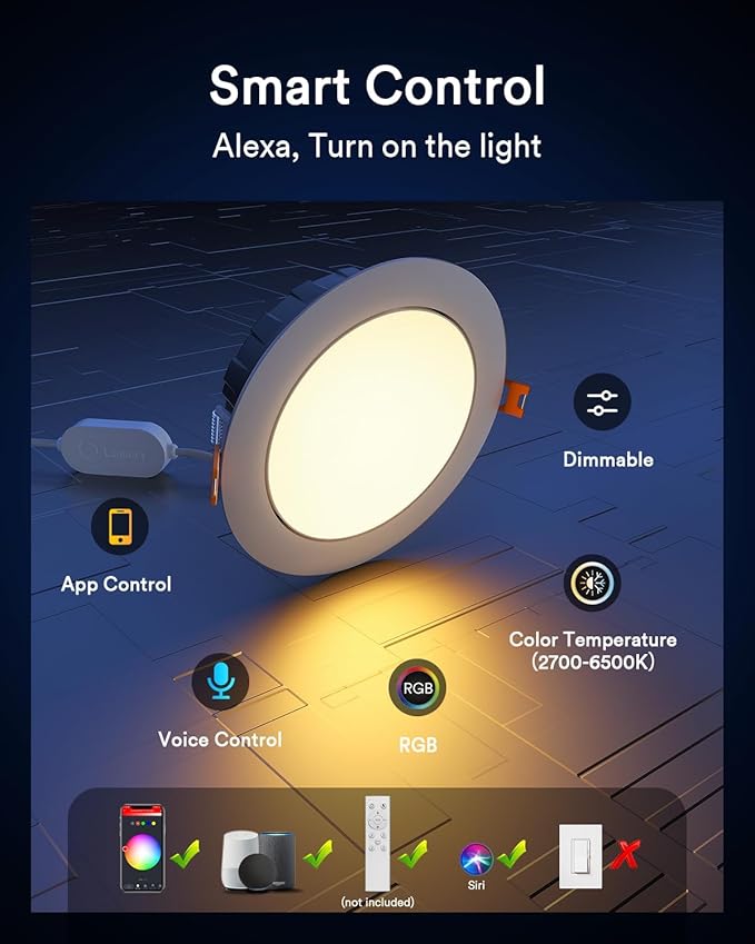 Lumary Smart Gimbal Recessed Lighting 4 Inch, 355°+20° Adjustable RGBWW WiFi Ceiling Light, Compatible with Alexa Google, Canless LED Downlight with J-Box, 9W 780LM CRI90, 1PC