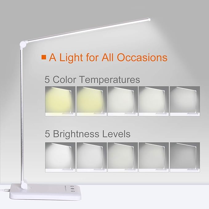LED Desk Lamp,Eye-Caring Table Lamps,Stepless Dimmable Office Lamp with USB Charging Port,Touch/Memory/Timer Function,25 Brightness Lighting,Foldable Lamp for Reading,Studying,Working