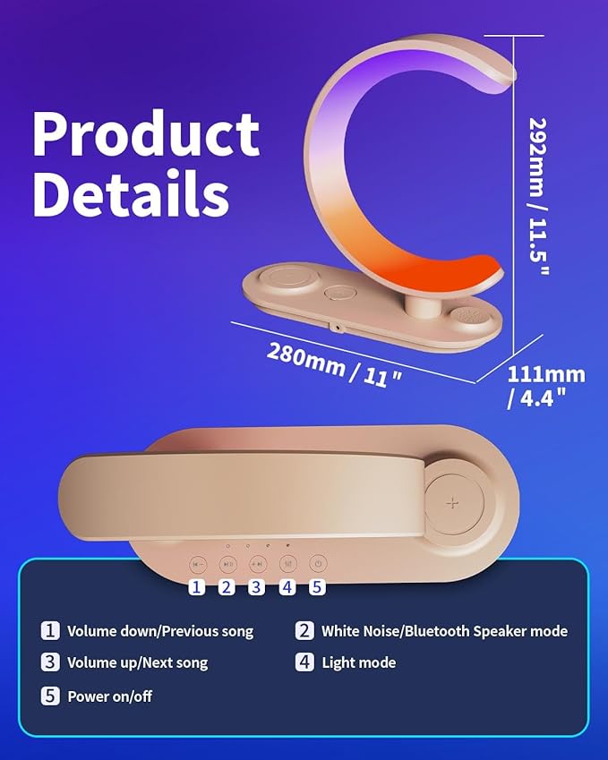 4 in 1 Bluetooth Speaker Night Light with Wireless Charger, Atmosphere Lamp with 24 Soothing Sounds, 16M+ Colors & App Control, Smart Light Sound Machine for Bedroom Home Decor (Golden)