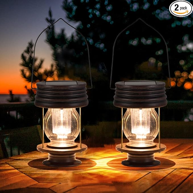 Solar Lanterns Outdoor Waterproof - 8.3" Bright Large Solar Hanging Lights - 2 Pack Solar Powered LED Metal Retro Lights Great Decor for Patio, Gardens, Yards, Path, 30 Lumens (Warm Light)