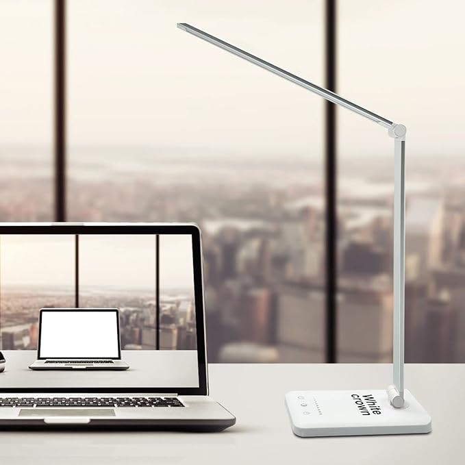 White crown LED Desk Lamp, Eye-Caring Table Lamps, Dimmable Office Lamp with USB Charging