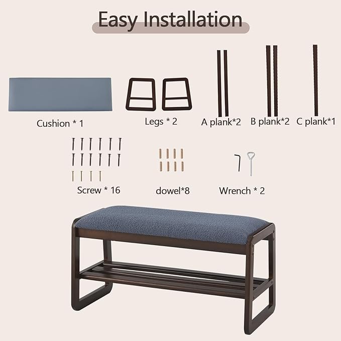 Shoe Rack Bench,2 Tier Solid Wooden Entryway Bench with Shoe Storage, Shoe Rack with Cushion for Living Room, Hallway(Grayish Blue, 31.5")