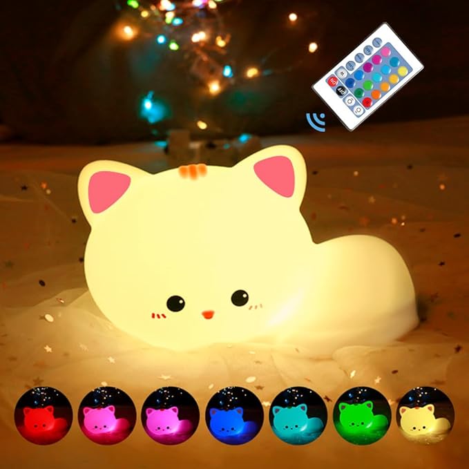 Led Cute Cat Night Light, 16 Colors Dimmable Nursery Kawaii Nightlight, Super Squishy Silicone USB Rechargeable Remote Control Night Lamp for Kids Adults, Used for Camping Party Room Decor