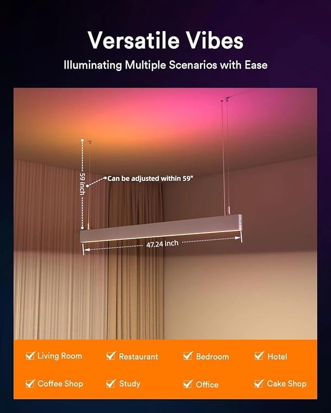 Lumary Smart LED Linear Pendant Light, 48 Inch Wi-Fi Island Lights Hanging Fixtures, RGBAI 12W/CCT 28W Dimmable Chandelier for Kitchen Dining Work with Alexa & Google Assistant, Adjustable Height