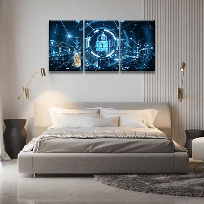 3 Panel Modern Wall Art Data Safety Security Concept Double Exposure Poster on Canvas for Bedroom Living Room Wall Decoration, Cloud Services Artwork Giclee Framed Ready to Hang, 16x24inchx3