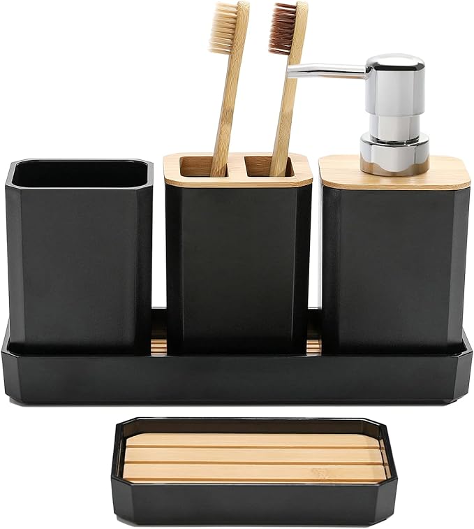 FEILANDUO Bathroom Accessories Set,5 Pcs Bathroom Accessory Gift Set, Soap Dispenser, Soap Dish, Toothbrush Holder, Toothbrush Cup, Vanity Tray, Boho, Modern Bathroom Decor (Black)