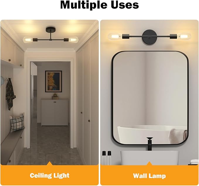 FadimiKoo 2-Light Black Bathroom Light Fixtures, Modern Wall Sconces Lighting Fixtures, Indoor Semi Flush Mount Ceiling Light for Hallway Bedroom Kitchen (2 Pack)