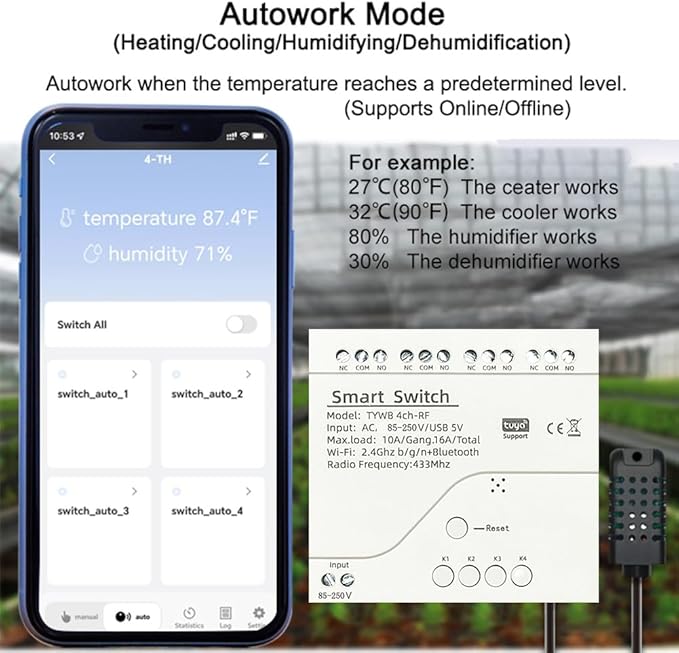 Tuya 4CH WiFi Switch 85-250V Smart Temperature and Humidity Sensor, Dry Contact, Remote Application Control and Monitoring Function, Voice Control, Smart Scene, Compatible with Alexa and Google Home