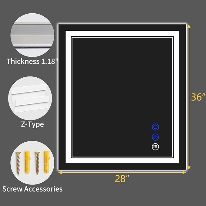 36"x28" LED Bathroom Mirror with Anti-Fog, Stepless Dimmable Lights, 3 Color Modes, Shatter-Proof Tempered Glass,Waterproof Design