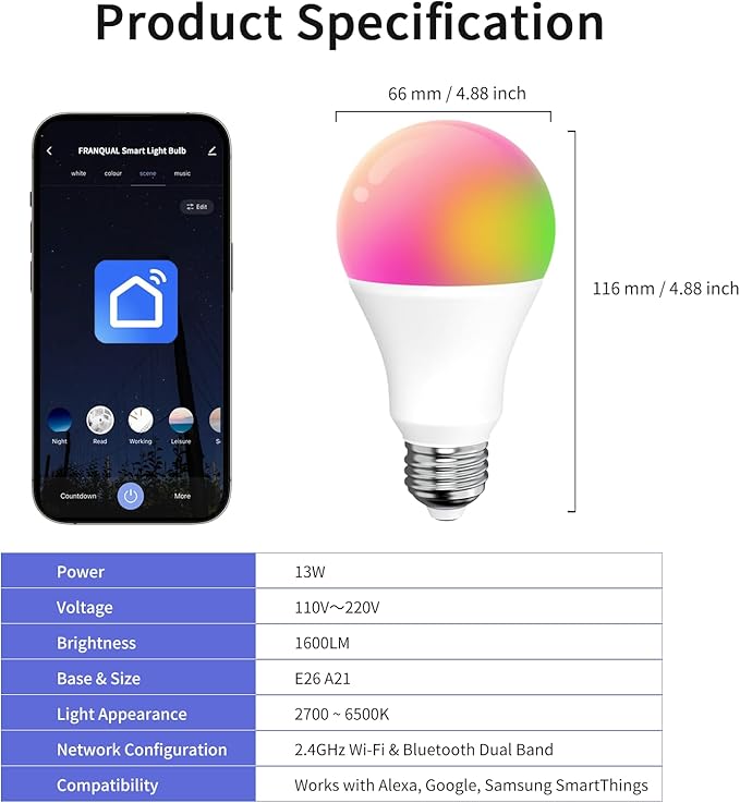 Smart Light Bulbs, 1600LM Smart Bulb Works with Alexa Google Assistant, 13W 100W Equivalent RGBCW Color Changing Music Sync, Bluetooth 2.4GHz Wi-Fi 2700-6500K E26 A21 LED Light Bulbs 2 Packs
