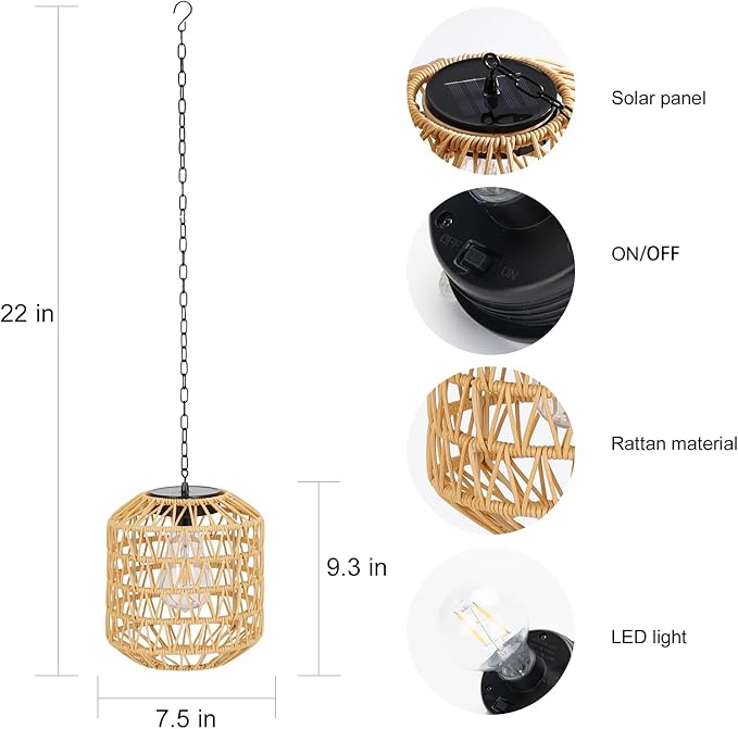 Livinlarge Solar Pendant Light Outdoor,Chandelier Hanging Lantern with Edison Bulb,Boho Solar Powered Lamps IP44 Waterproof for Gazebo Tree Porch Yard Porch Patio Garden Backyard Decorative