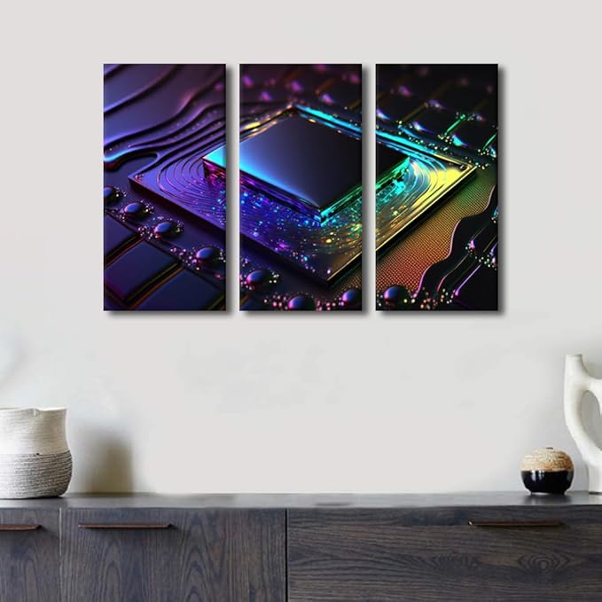 3 Panel AI Canvas Wall Art Vibrant Colorful Computer Chip on Circuit Board Picture for Bedroom Living Room Modern Artwork Wooden Framed Gallery-Wrapped Ready to Hang, 36" Wx24 H